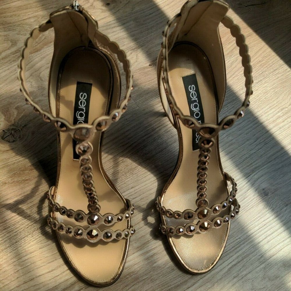 Sergio Rossi Crystal Embellished Grecian Stiletto Heels Rose Gold Copper - Picture 4 of 12